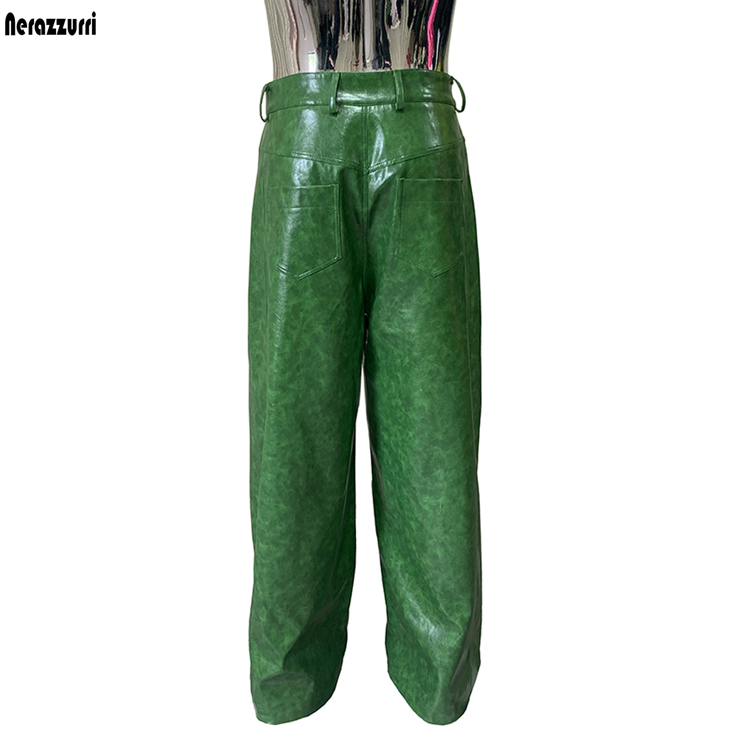Motorcycle Gear Mens - Pantalones Anchos de Cuero PU Verde